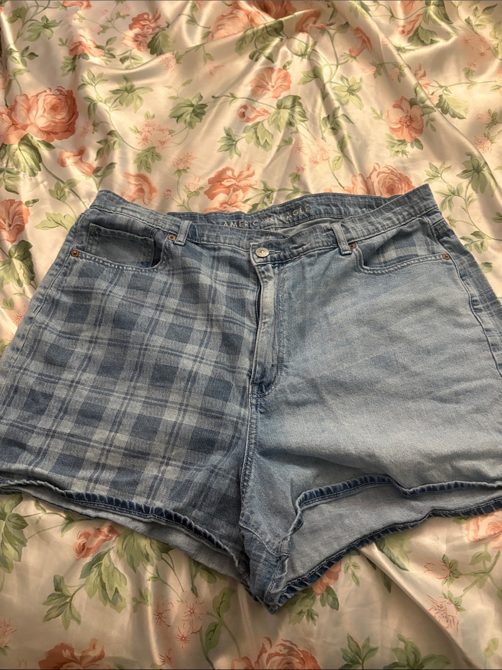 American Eagle Outfitters Light Blue Two-Tone Plaid & Solid Denim Shorts